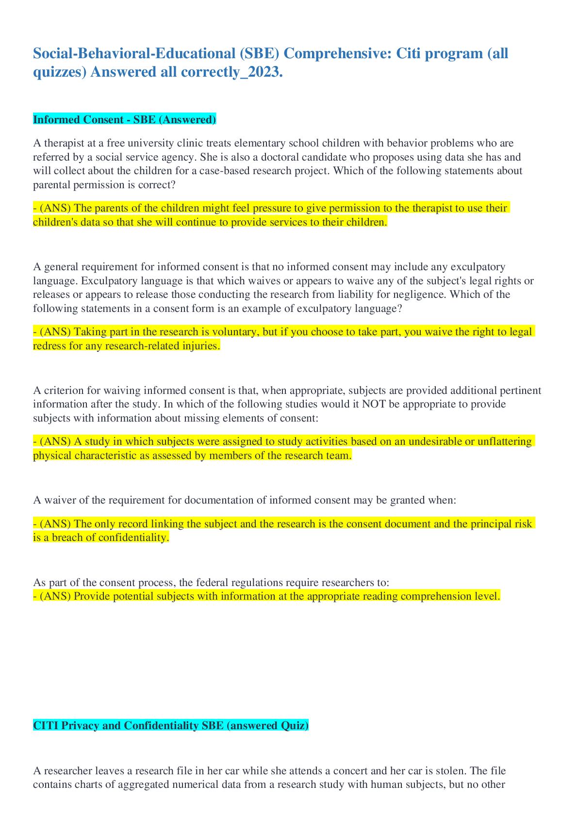 Preview image for Social-Behavioral-Educational (SBE) Comprehensive, All unit tests (answered spring 2024)